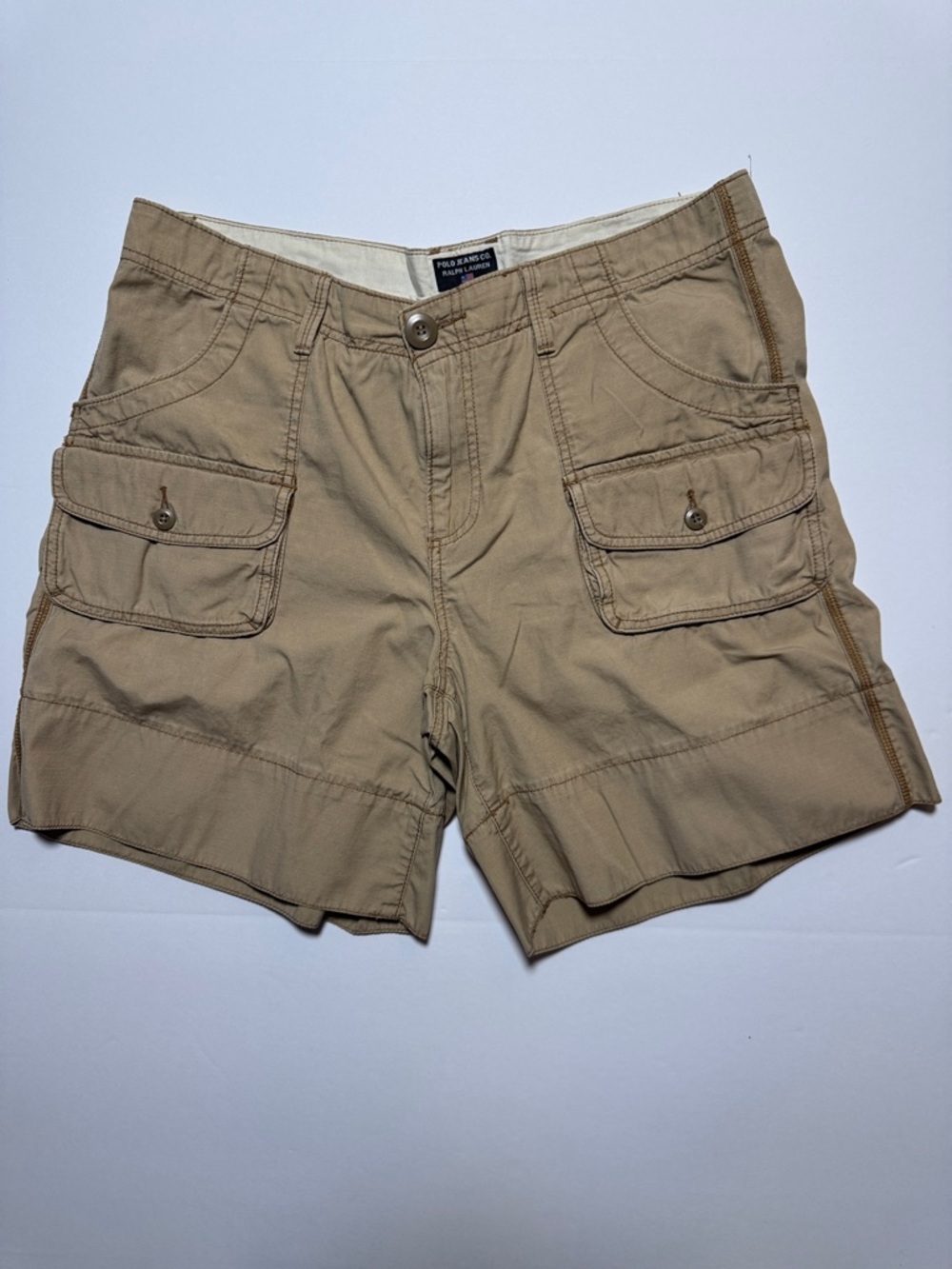 RALPH LAUREN Polo Jeans Co Mens Vintage Tan Cargo Shorts Rip Stop 100% Cotton 14